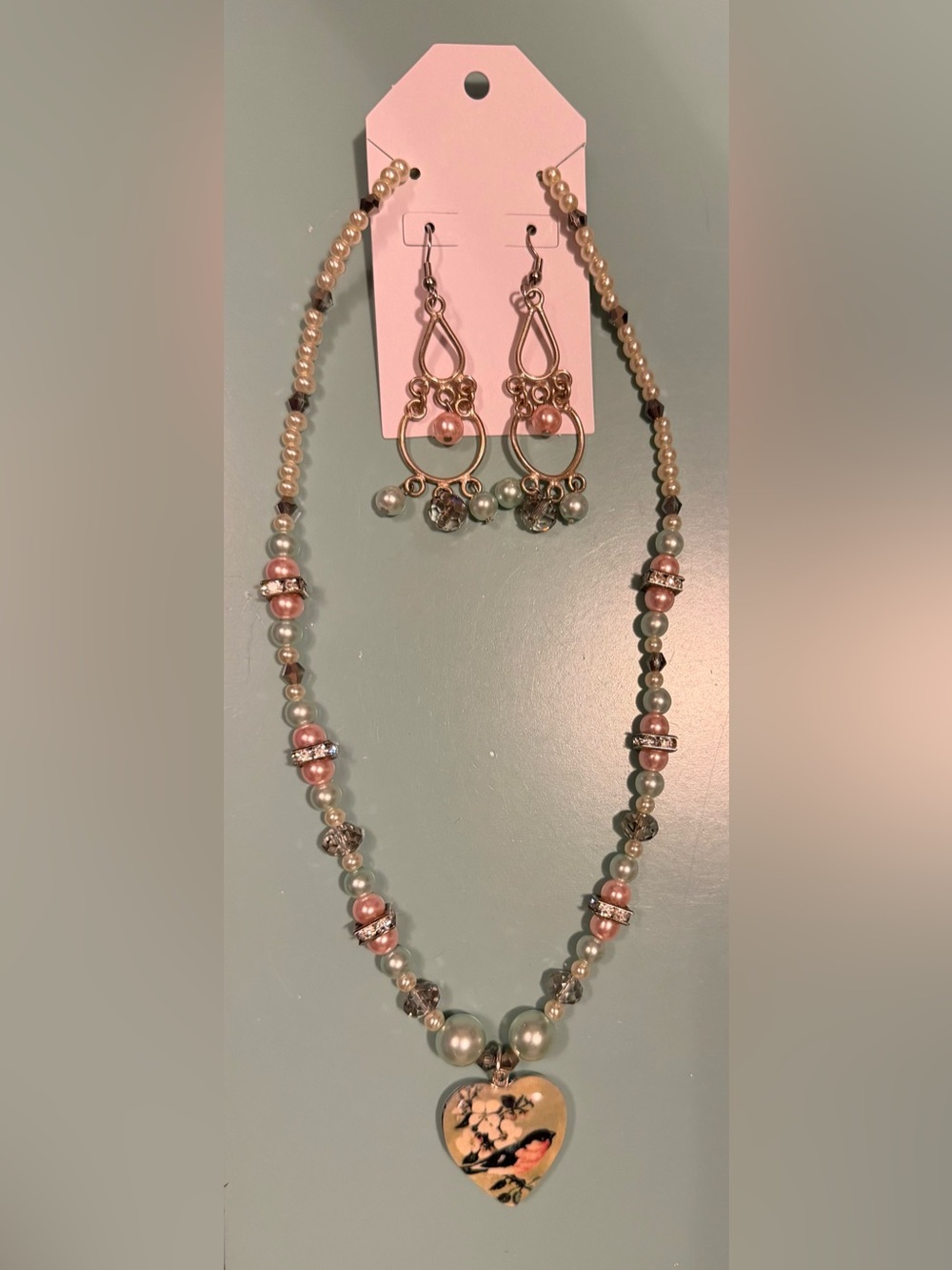Cream, Pink, & Green Pearl Beaded Heart Locket Necklace with Matching Earrings